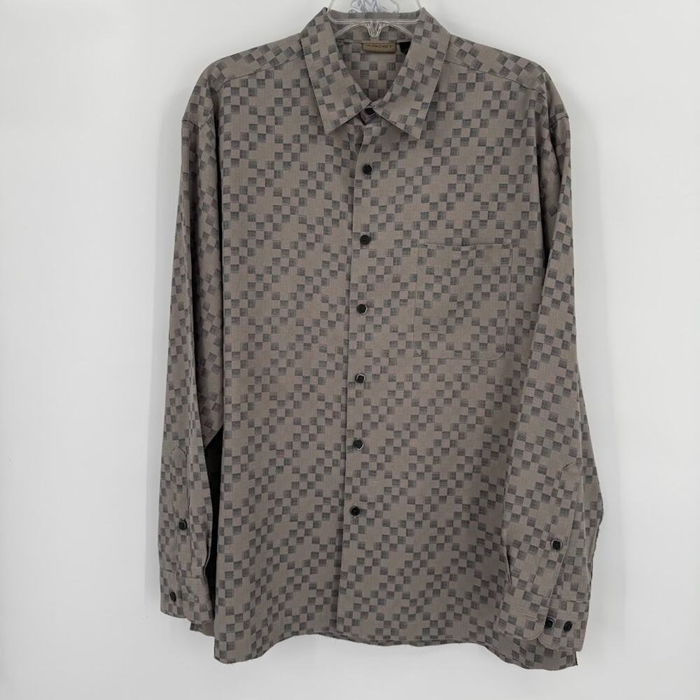 AXIST Men’s Large Geometric Button Shirt Tan Gray Modal Blend Casual L/S
